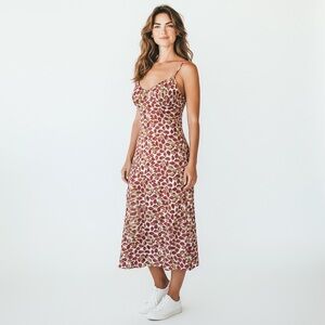 Vintage BCBG MaxAzria Chic Spaghetti Strap Leaf Print Midi Dress with Cardigan